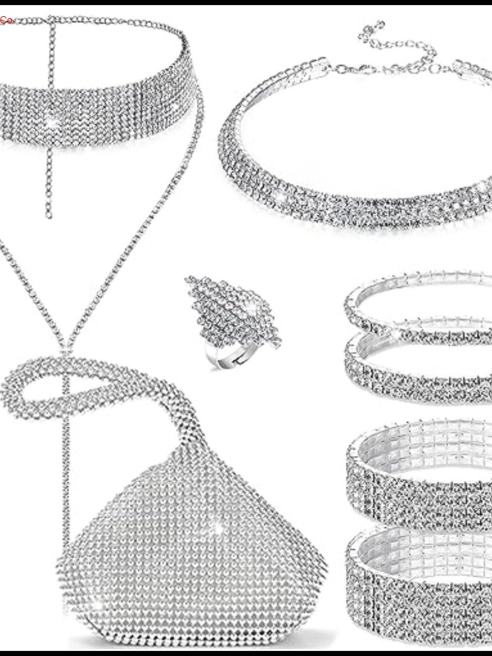 Rhinestone Jewelry Set Clutch Purse Choker Bracelets Ring Earrings Wedding